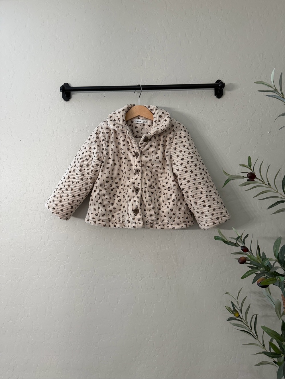 Toddler Girls Cream Button Jacket with Brown Floral Print
